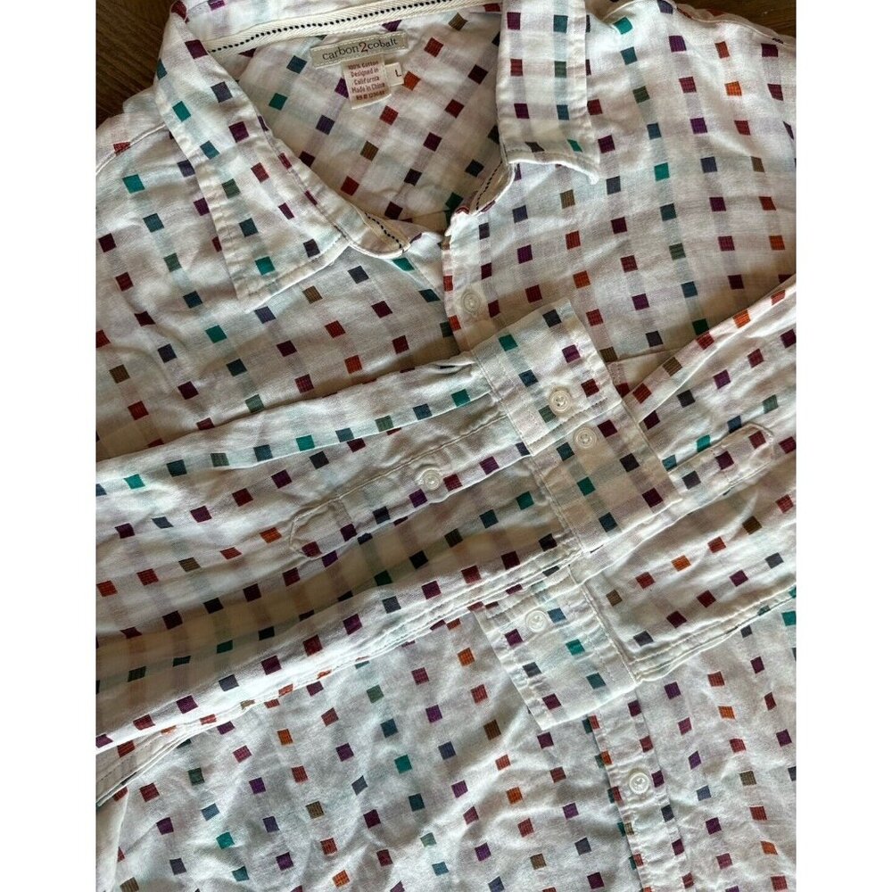 Carbon 2 Cobalt 100% Cotton Long Sleeve Button Up White Multicolor Squares L